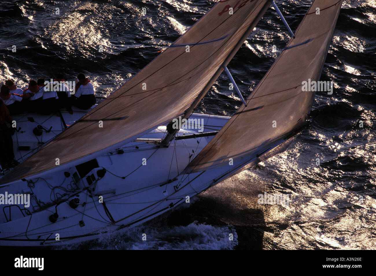 Riprese aeree del ponte della barca da regata Anemos Foto Stock