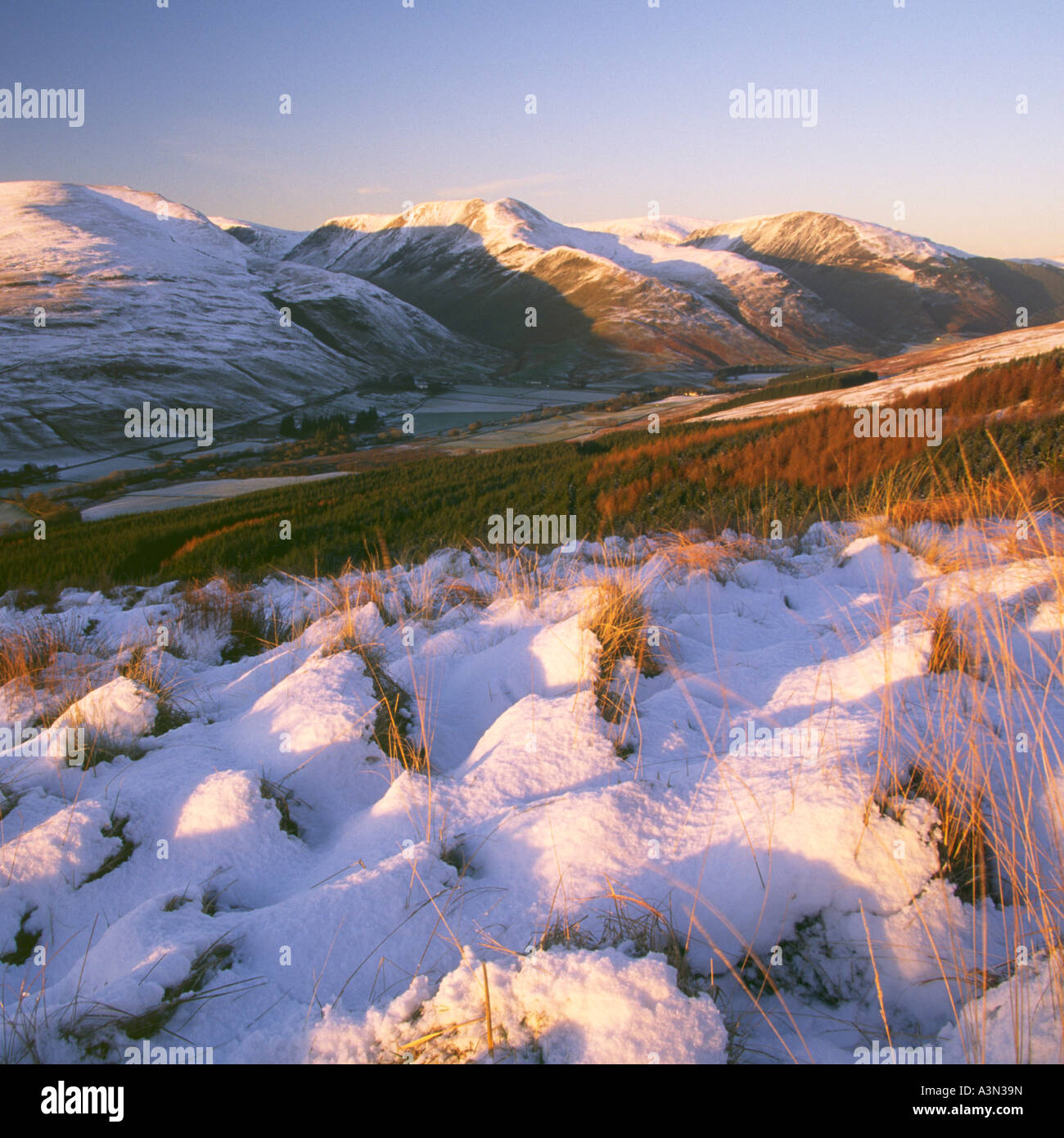 Piazza paesaggio invernale cercando attraverso Moffat Dale a una neve sella rivestita la forcella in Moffat colline vicino al tramonto Scozia UK Foto Stock