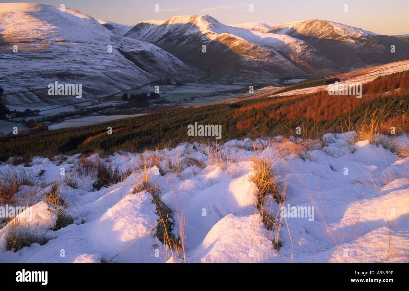 Panoramica paesaggio invernale cercando attraverso Moffat Dale a una neve sella rivestita la forcella in Moffat colline vicino al tramonto Scozia UK Foto Stock