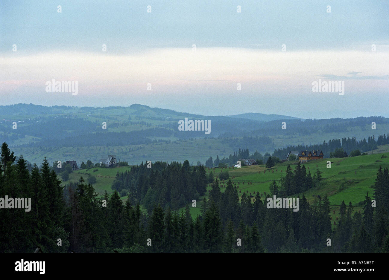 Paesaggio di terreni agricoli nei monti Tatra, Bukowina Tatrzanska, Polonia Foto Stock