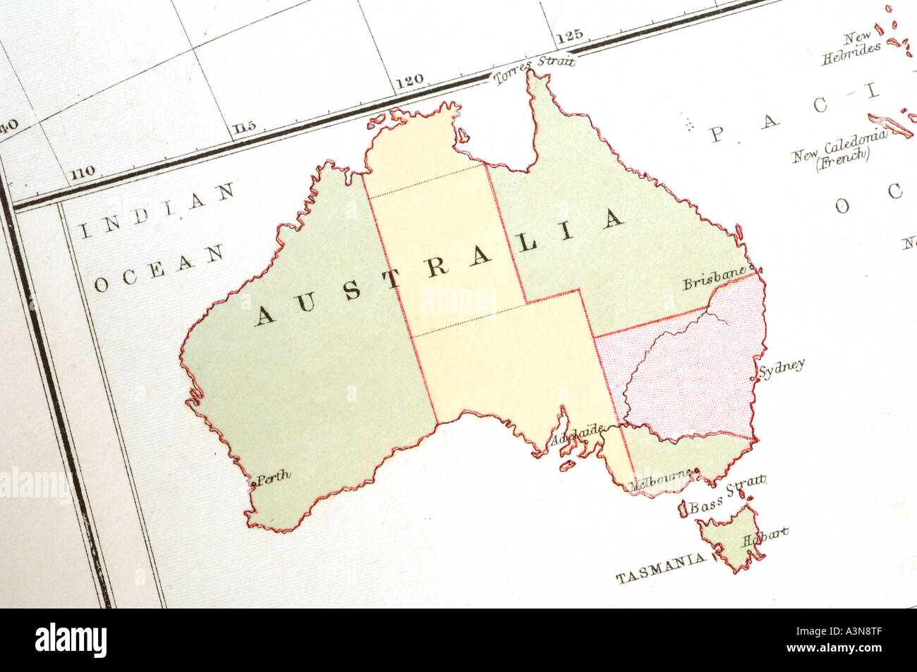Mappa vecchia di Australia con codifica a colori dei territori Foto Stock