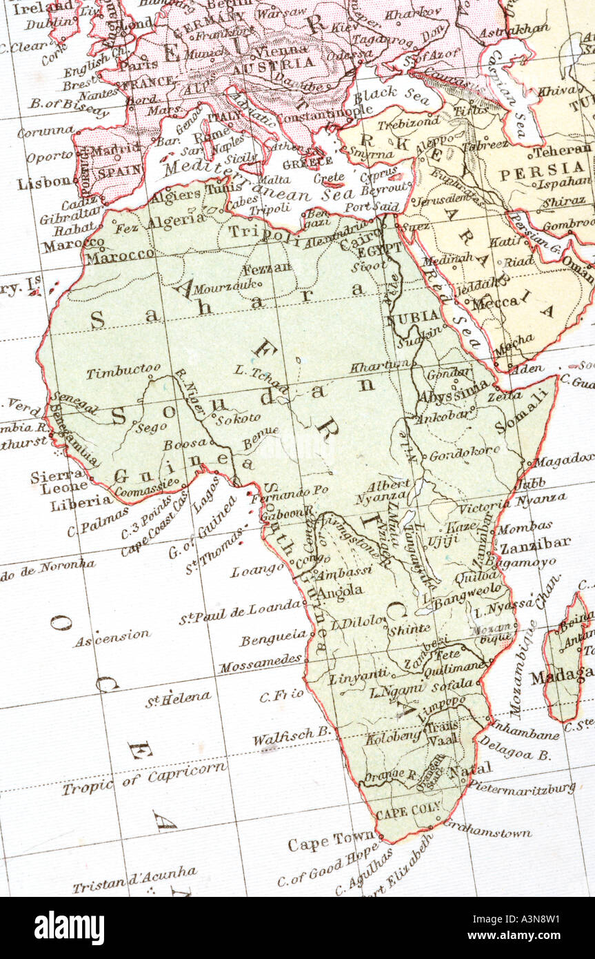 Mappa vecchia dell Africa con colori codificati di paesi Foto Stock