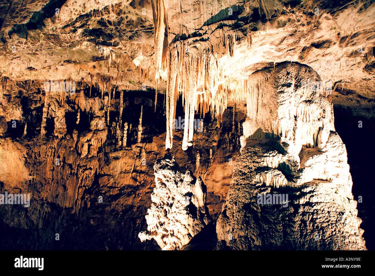 Stalattiti e stalagmiti in una grotta nel Carso Moravo regione Repubblica Ceca Foto Stock