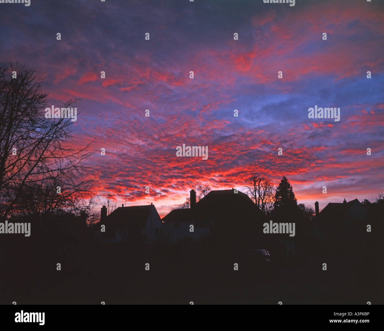 Suburban tramonto in inverno, England, Regno Unito Foto Stock