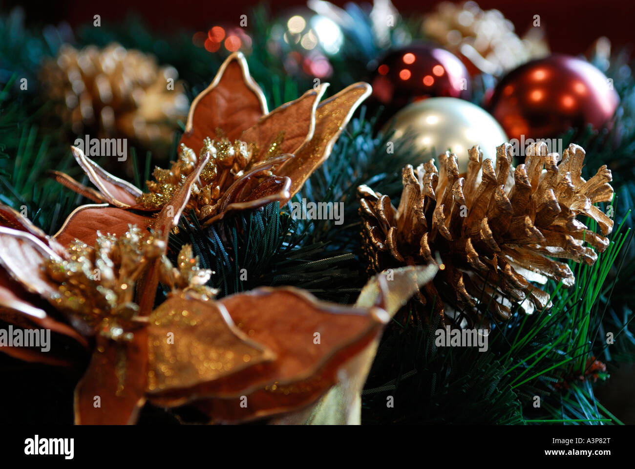 Close up wreathe Natale adornati con fiori dorati e pigne e lucido lampadine colorate Foto Stock