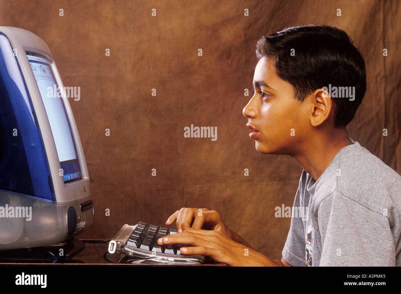 RHS99456 South Asian Indian giovane ragazzo lavorando sul computer modello di rilascio 518 Foto Stock