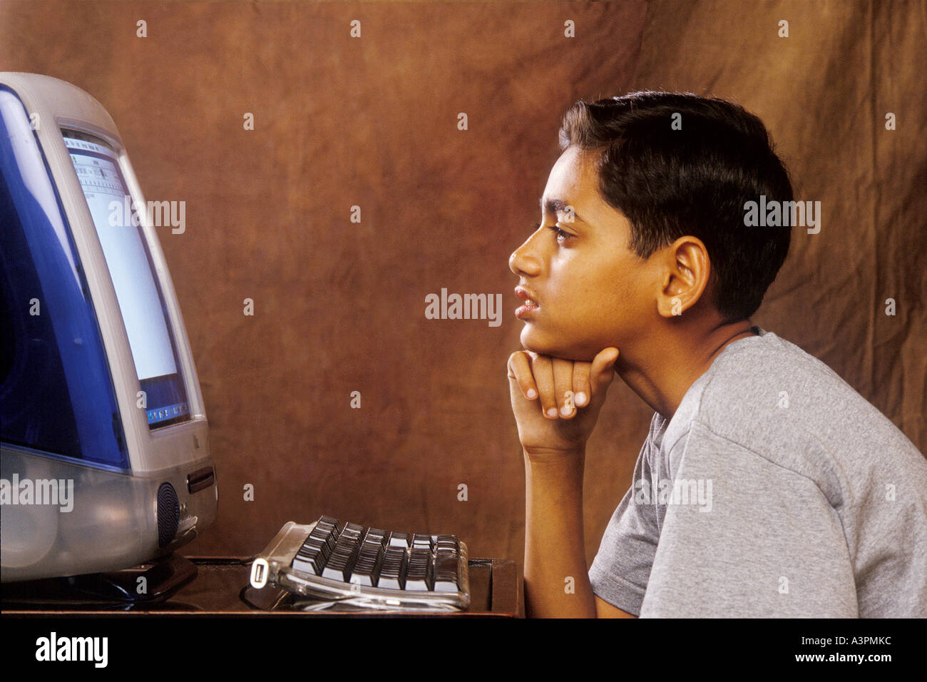 RHS99459 South Asian Indian giovane ragazzo lavorando sul computer modello di rilascio 518 Foto Stock