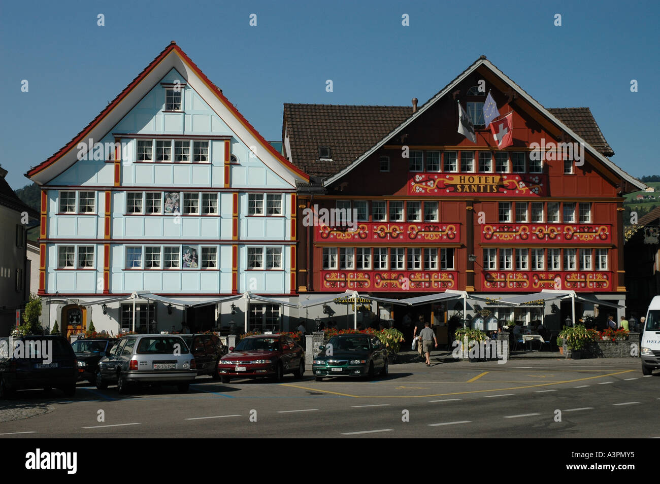 Storico houeses tradizionale nella città del cantone di Appenzell Appenzell, Svizzera Foto Stock