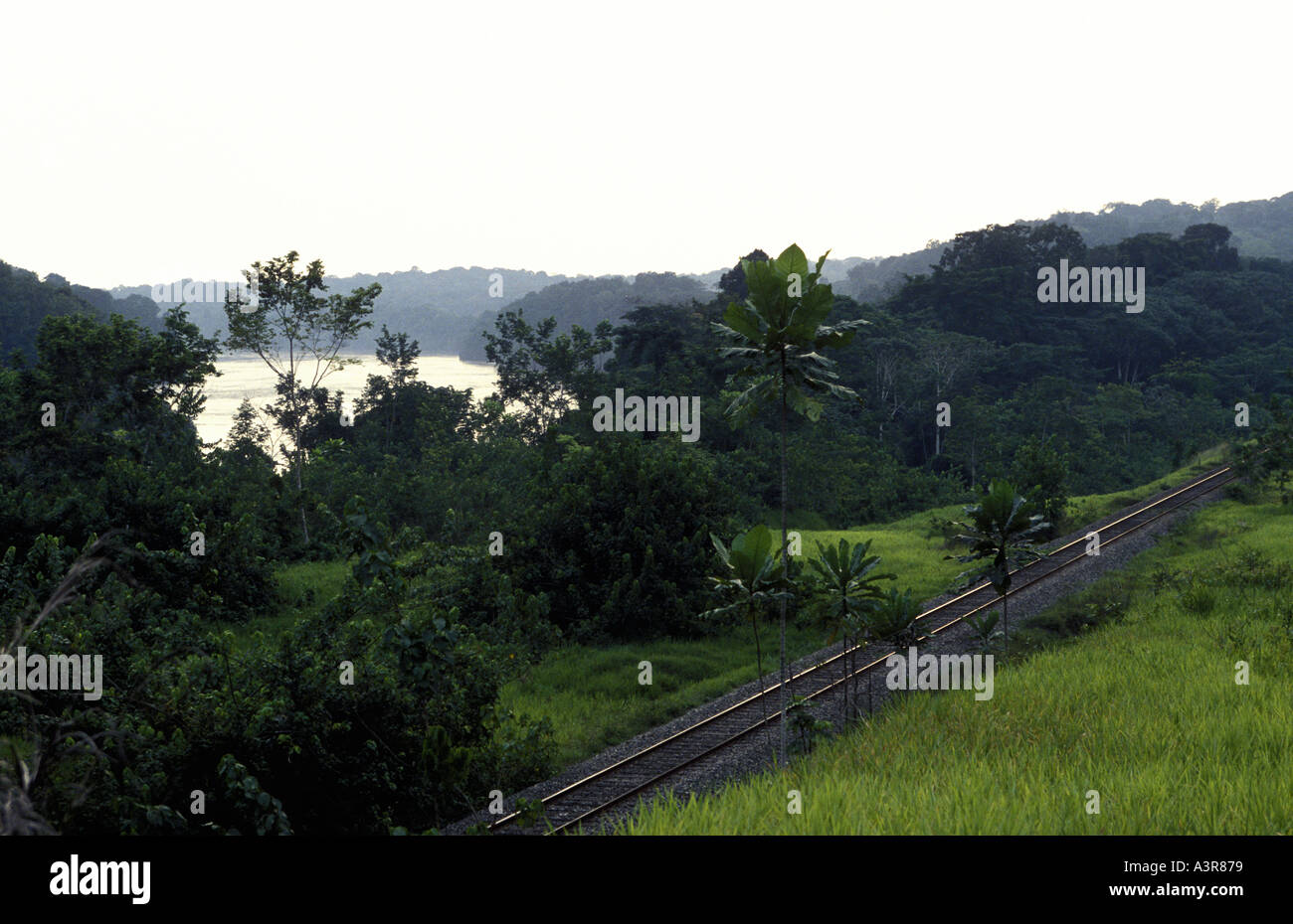 La ferrovia transgabonese linea con il fiume Ogooue in background Gabon Africa occidentale Foto Stock