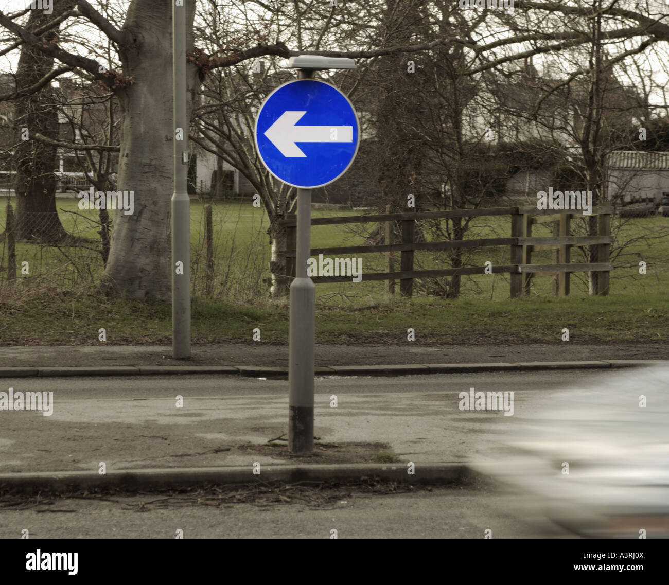 Un blu brillante girare a sinistra cartello stradale freccia contro un sfondo muto Foto Stock