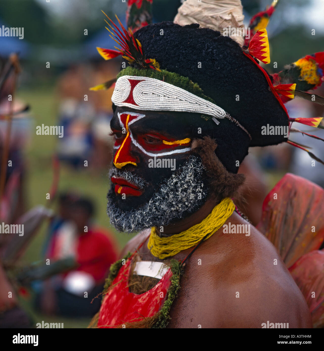 Vicino la vista laterale di un Engi Tribesman arbusti della faccia dipinta e barba con archetto sfumato da Papua Nuova Guinea Foto Stock