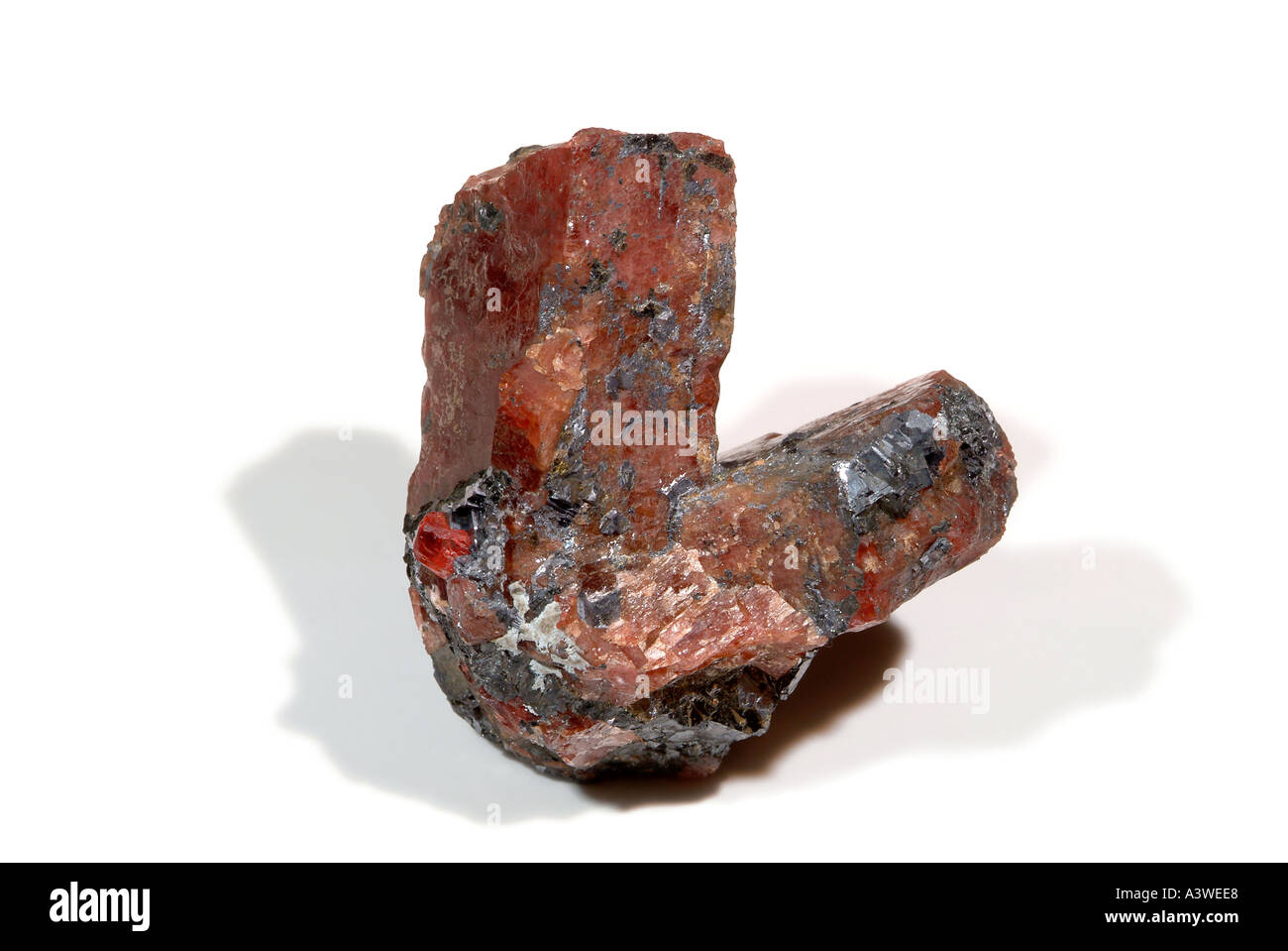Rhodonite Minerali e cristalli gemelli in V formazione. Colore rosso intenso, Broken Hill, Nuovo Galles del Sud, Australia Foto Stock