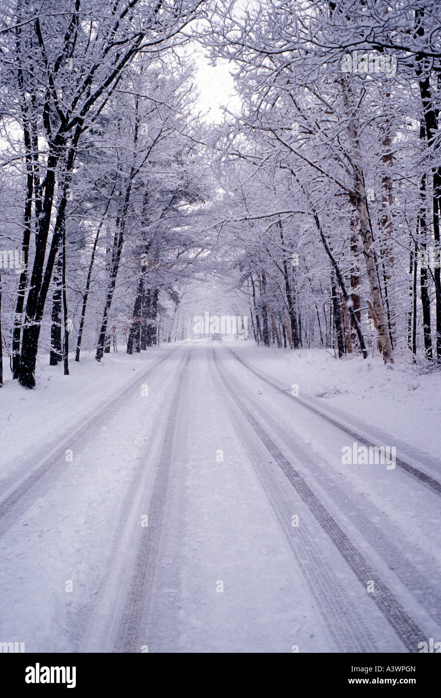 Una coperta di neve via della città durante una nevicata nel Marquette Mich Foto Stock