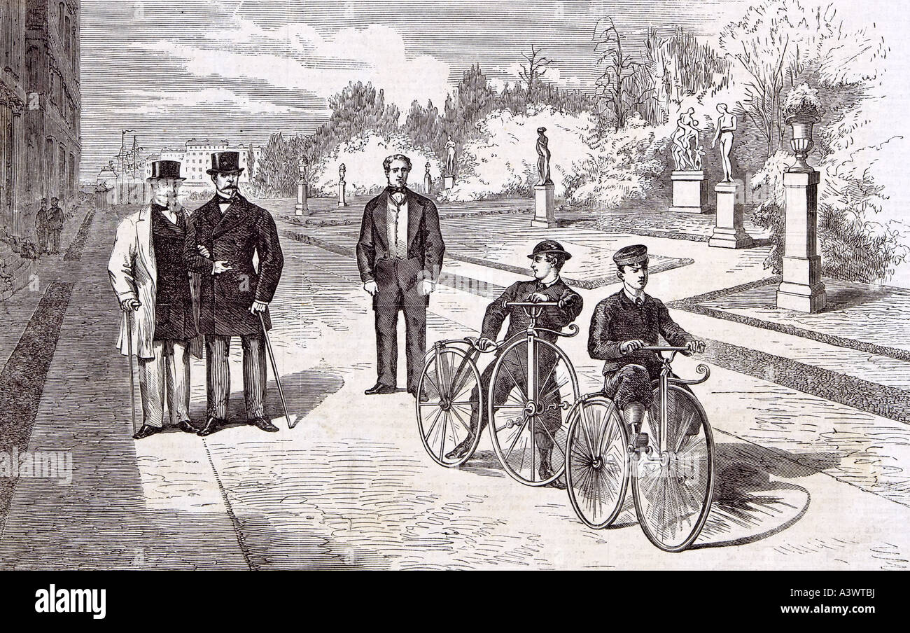 L'imperatore e il principe imperiale in il giardino delle Tuileries bike ciclo due ruote Ruote velocipede sport parco delle statue ac Foto Stock