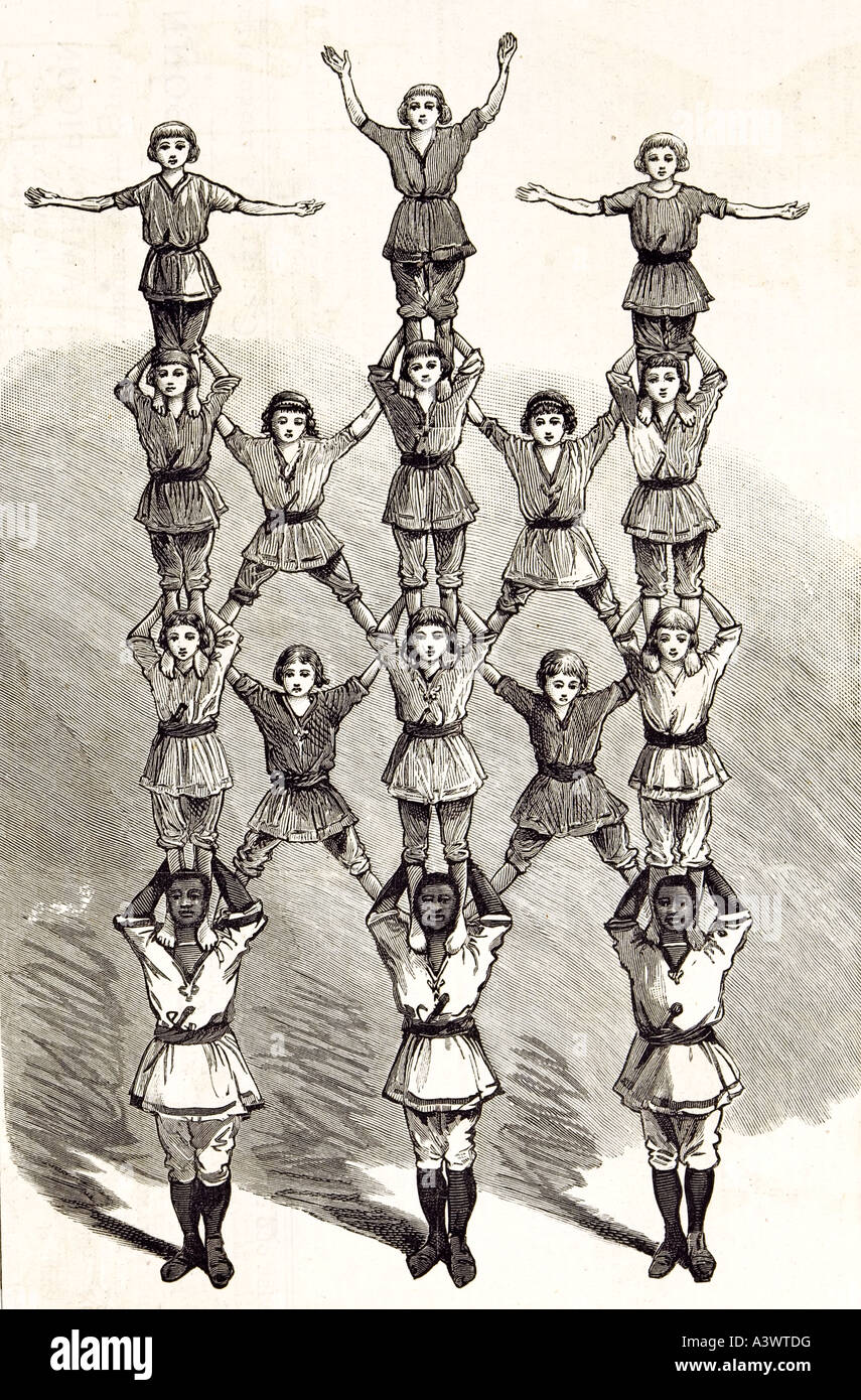Ragazzi inglese liberato dalla schiavitù i Beni Zoug Zoug troupe di acrobati ginnasta atleta stunt man trapezist libertà assemb di gruppo Foto Stock