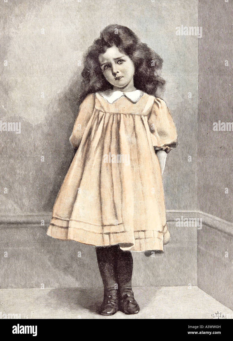 Angolo ragazza timida abito bianco collare puff manicotto manicotto soffiato capelli cespuglioso, secolo XIX Foto Stock