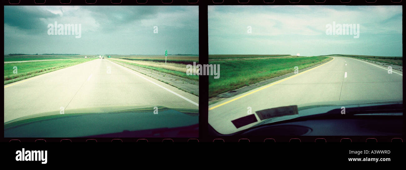 Twin-immagine, shot dalla guida auto (Dakota del Sud). A pressione atmosferica a doppio scatto con immagine reale (miglioramento dell'umore) film-grano. Foto Stock