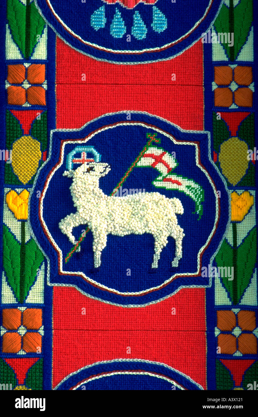 Agnello di Dio ago arazzo a Olivet Chiesa UCC. St Paul Minnesota USA Foto Stock