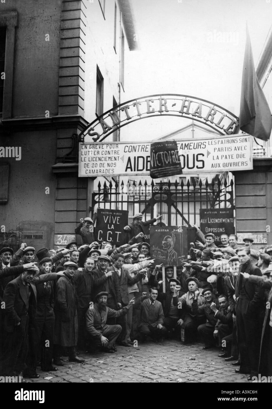 Geografia/viaggio, Francia, politica, stike, picchetto di fronte alla fabbrica Sautter-Harle, Parigi 17.10.1936, Foto Stock