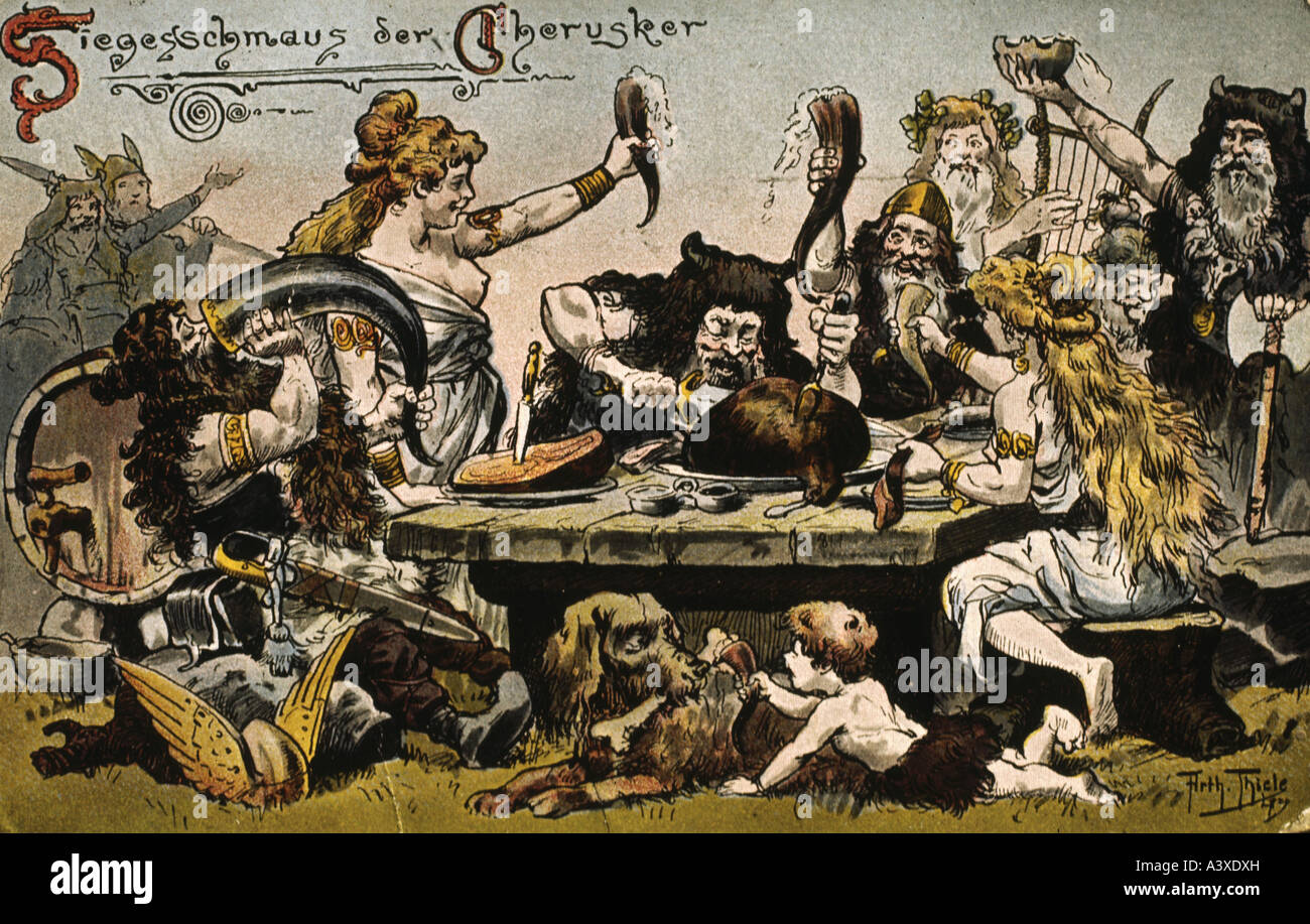 "Belle Arti, Thiele, arte, (1841 - 1919), grafica, 'Siegesschmaus der Cherusker' ('Cherusci celebrando la vittoria con banchetto Foto Stock