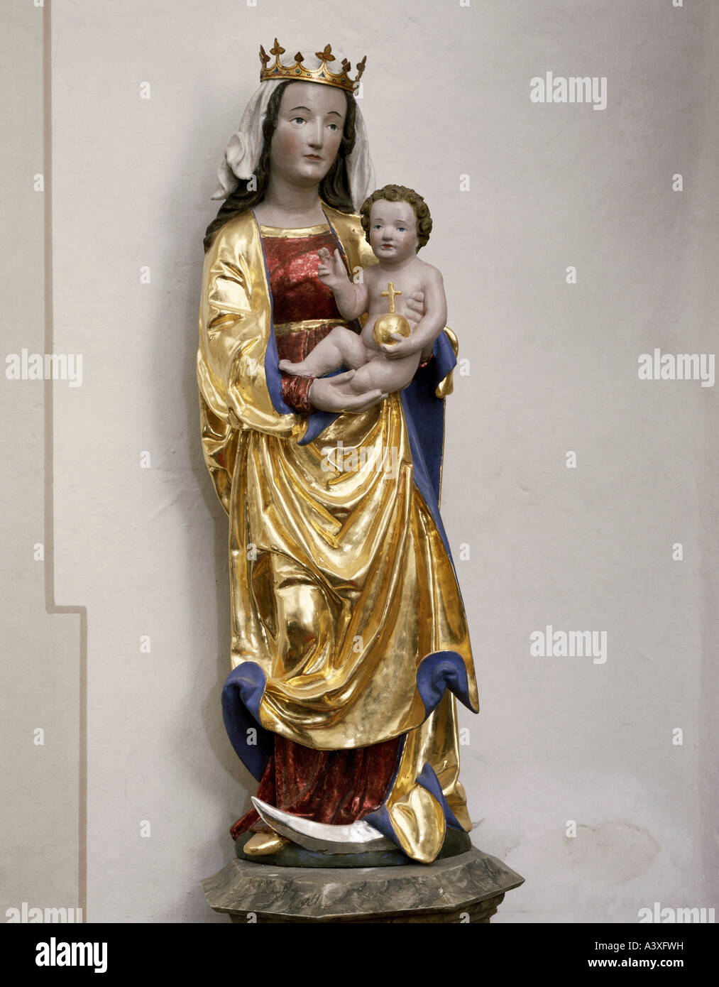 Belle arti, l'arte religiosa, Santa Maria, Madonna con Bambino, scultura, legno, circa 1380, San Cristiano, Ravensburg, Baden-Wuertt Foto Stock