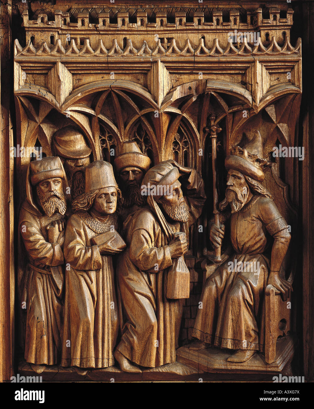 "Belle Arti, l'arte religiosa, scene bibliche, Erode 'Grande' interrogando gli scribi, carving da Heinrich Iselin e Simon Foto Stock