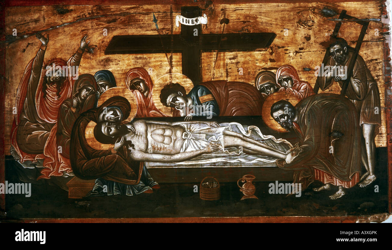 Belle arti, l'arte religiosa, Gesù Cristo, pietà, Cristo deposto nella sua tomba, icone del XVI secolo - XVII secolo, su legno, Savvathiana Foto Stock