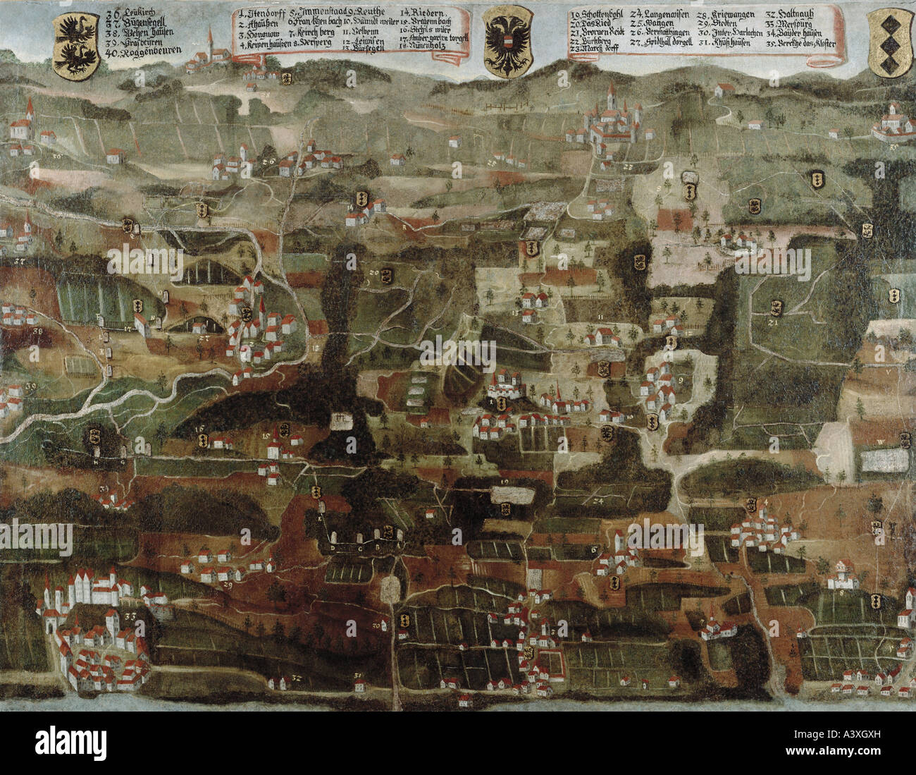 Cartografia, mappe, mappa di Ittendorf, Markdorf-Ittendorf, 17th secolo, storica, Europa, Germania, Baden-Wuerttemberg, Baden Wuerttemberg, pittura, belle arti, alta Svevia, Markdorf, Foto Stock