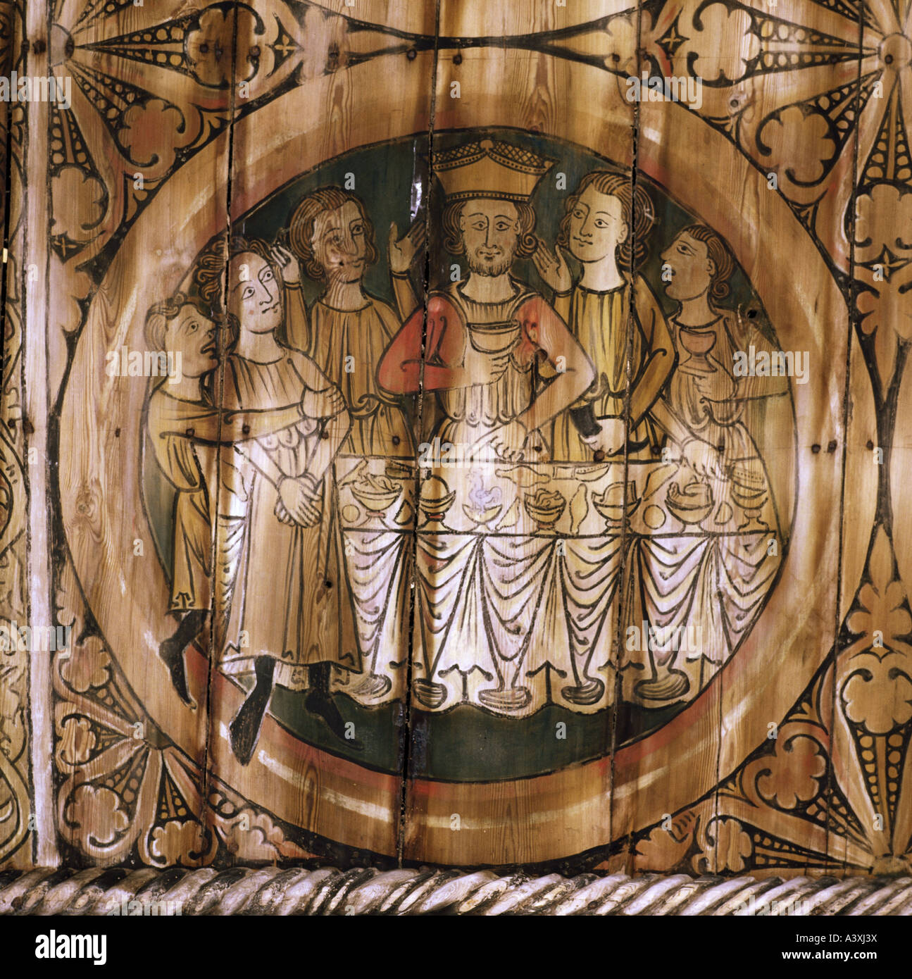 "Belle Arti, l'arte religiosa, scene bibliche, Erode a tavola, pittura, soffitto dipinto, legno del XIII secolo, la chiesa del paese, Däde Foto Stock