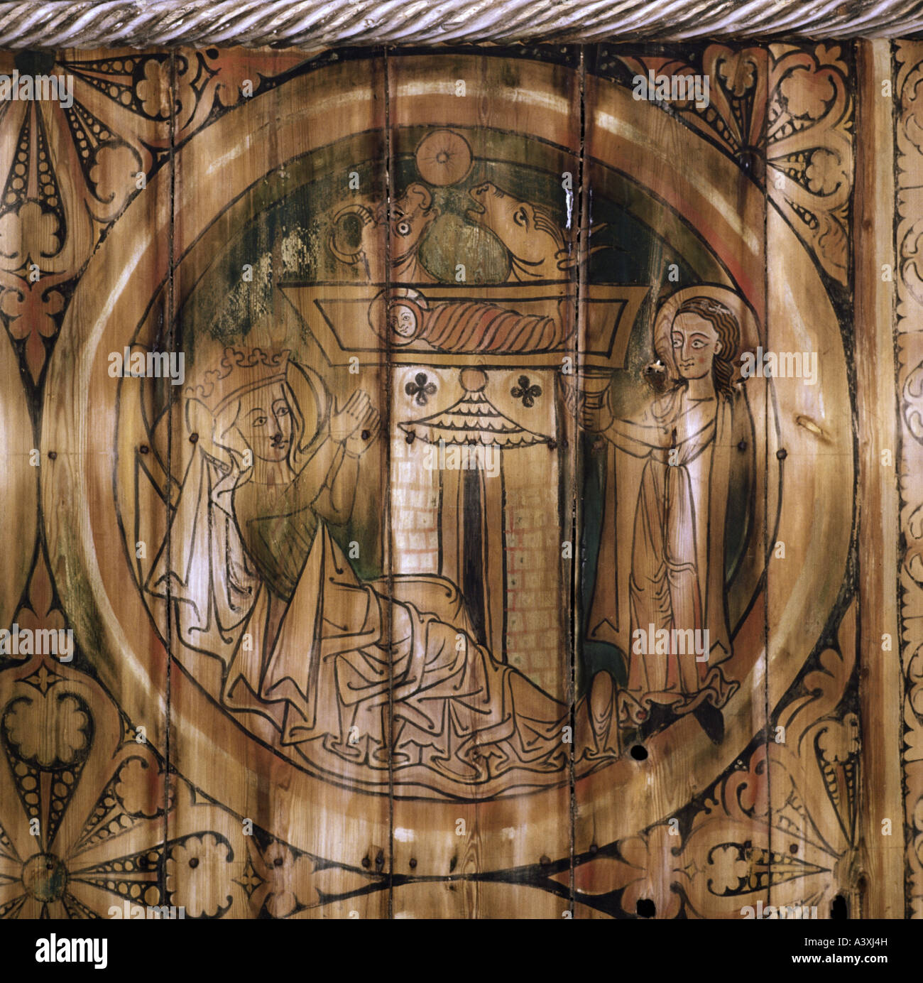 Belle arti, l'arte religiosa, Gesù Cristo, nascita, pittura, soffitto dipinto, legno del XIII secolo, la chiesa del paese, Dädesjö, Europa Foto Stock