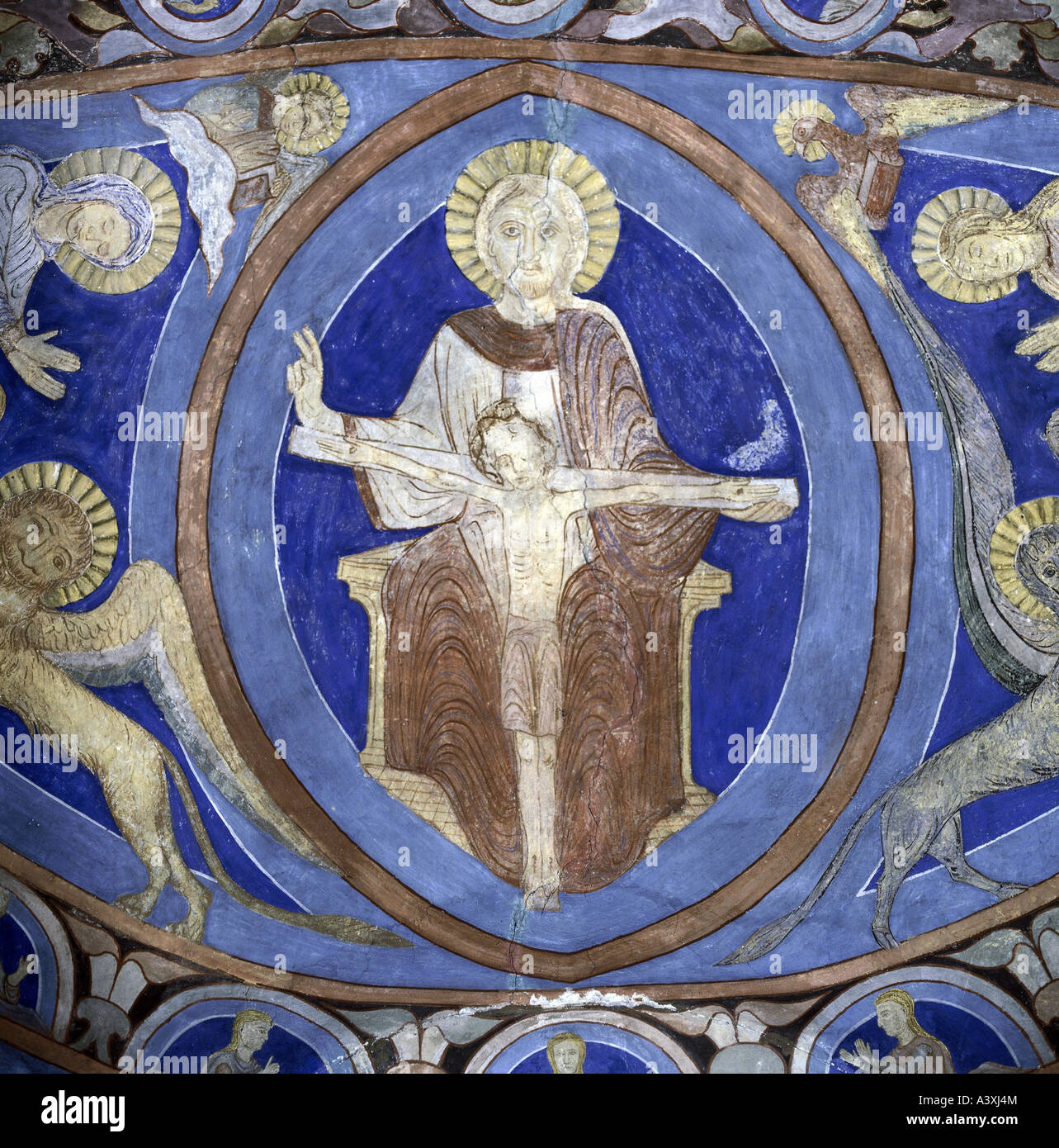 Belle arti, l'arte religiosa, Santa Trinità, pittura, affresco del XIII secolo, coro vault, chiesa, Bjäresjö, Europa, Svezia, Scania r Foto Stock
