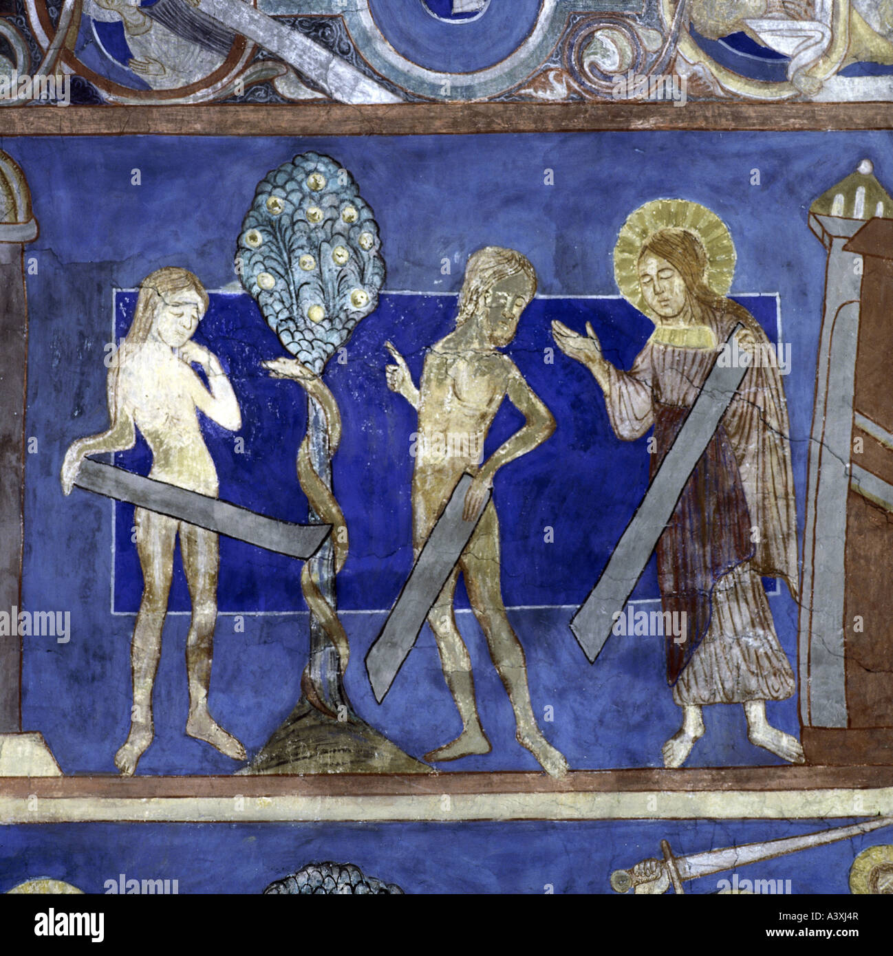 Belle arti, l'arte religiosa, Adamo ed Eva, caduta di uomini, pittura, affresco del XIII secolo, Chiesa di Bjäresjö, Ystad, Europa, Svezia, Foto Stock