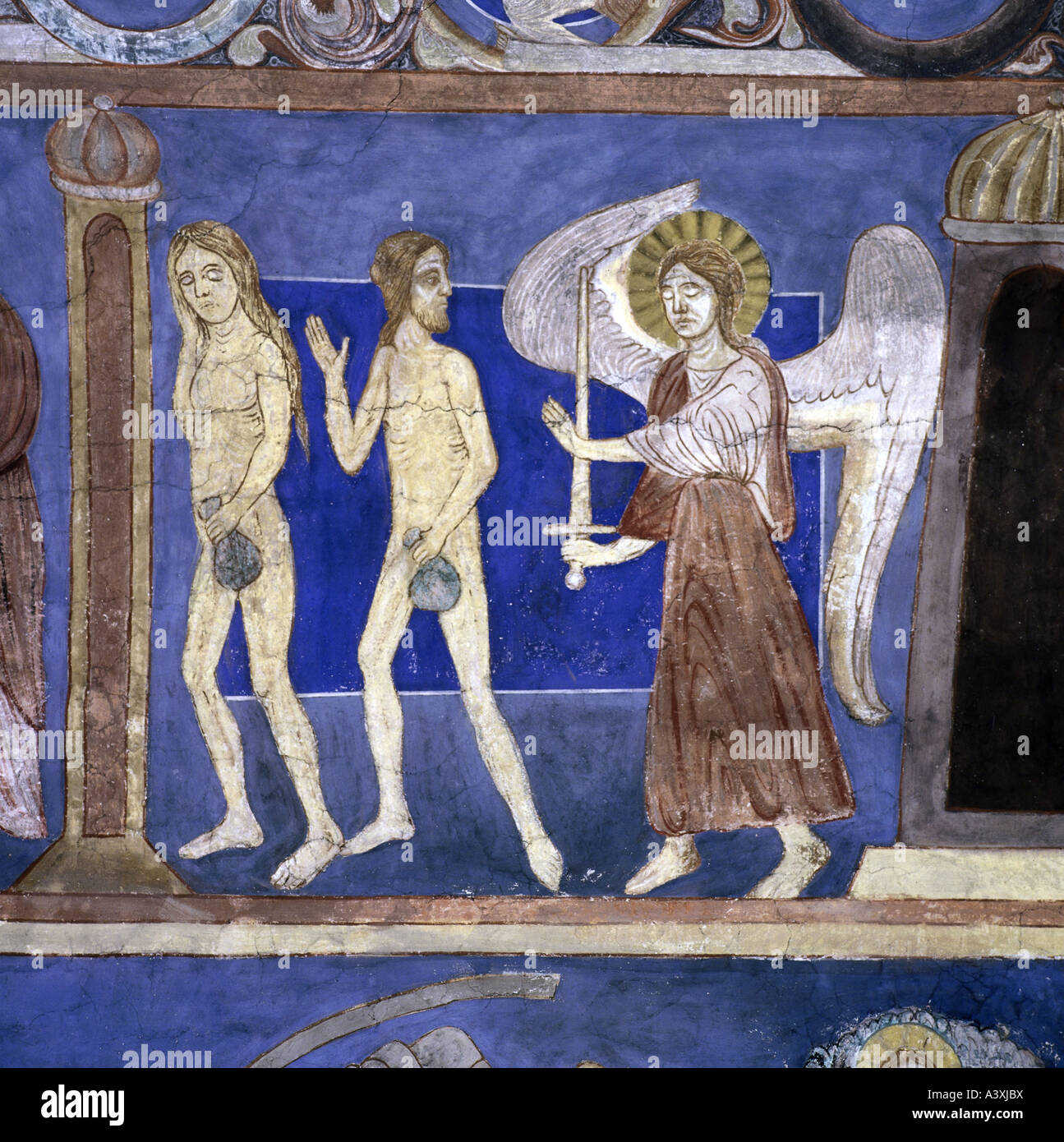 Belle arti, l'arte religiosa, Adamo ed Eva cacciata dal paradiso, pittura, affresco del XIII secolo, Chiesa di Bjäresjö, Ystad, Euro Foto Stock