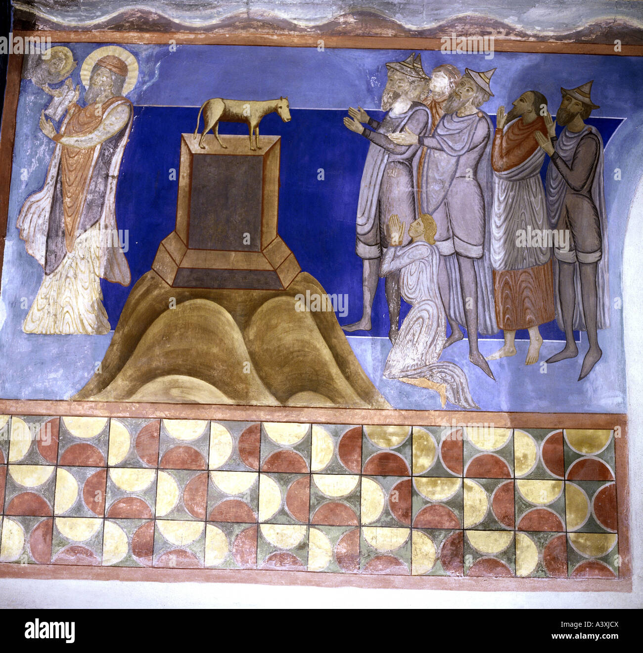 Belle arti, l'arte religiosa, scene bibliche, Golden Calf, pittura, affresco del XIII secolo, Chiesa di Bjäresjö, Ystad, Europa, svedese Foto Stock