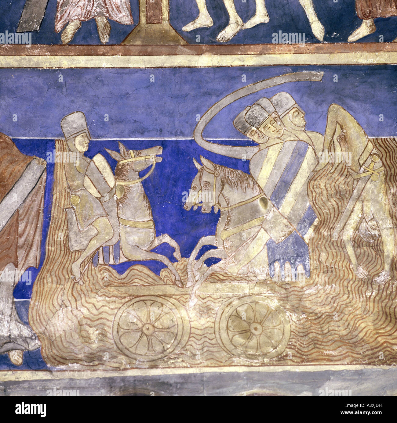 Belle arti, l'arte religiosa, scene bibliche, estraibile degli Egiziani nel Mar Rosso, pittura, affresco del XIII secolo, Chiesa di Bjäresjö, Foto Stock