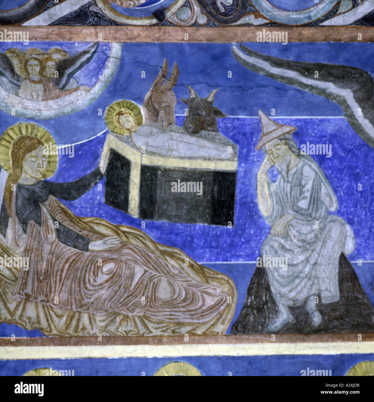 Belle arti, l'arte religiosa, Gesù Cristo, la nascita, pittura, affresco del XIII secolo, Chiesa di Bjäresjö, Ystad, Europa, Svezia Scania Foto Stock