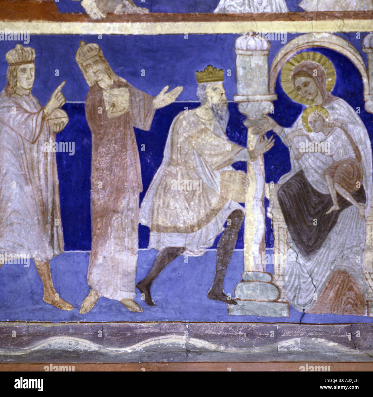 Belle arti, l'arte religiosa, Gesù Cristo, la nascita, l adorazione dei Magi, pittura, affresco del XIII secolo, Chiesa di Bjäresjö, Ystad, Foto Stock