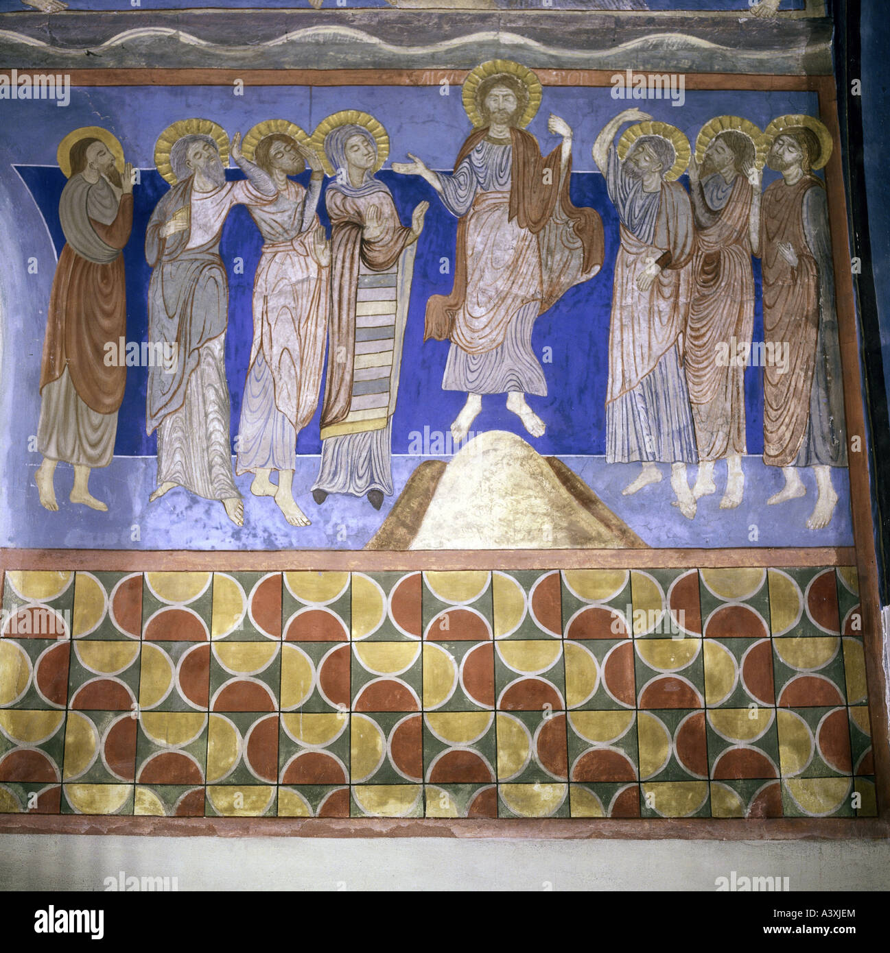 Belle arti, l'arte religiosa, Gesù Cristo, ascensione, pittura, affresco del XIII secolo, Chiesa di Bjäresjö, Ystad, Europa, Svezia, Sc Foto Stock