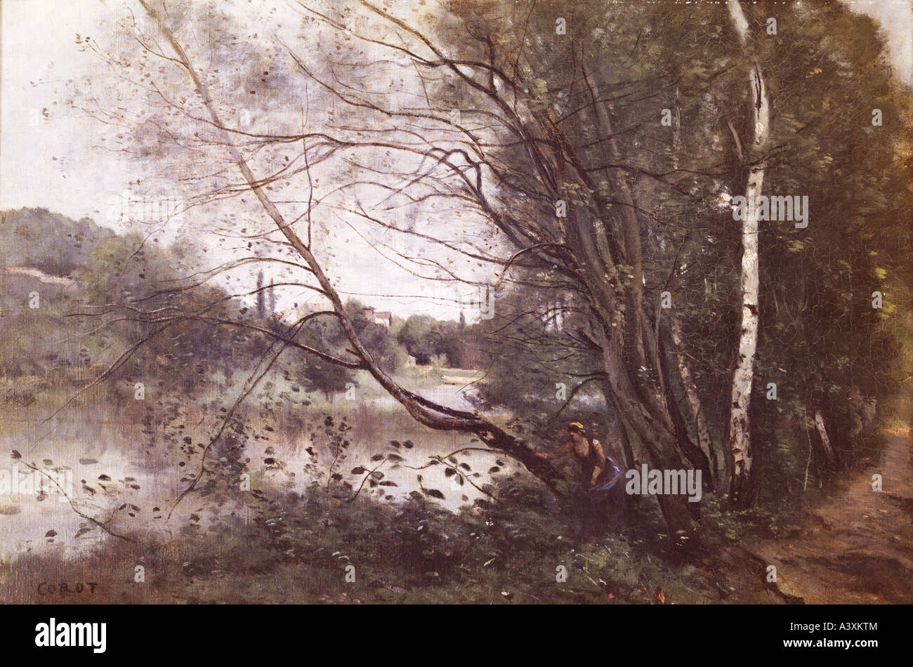"Belle Arti, Corot, Jean-Baptiste Camille, (1796 - 1875), pittura, "stagno con incurvamento tree", museo, Reims, storico historica Foto Stock