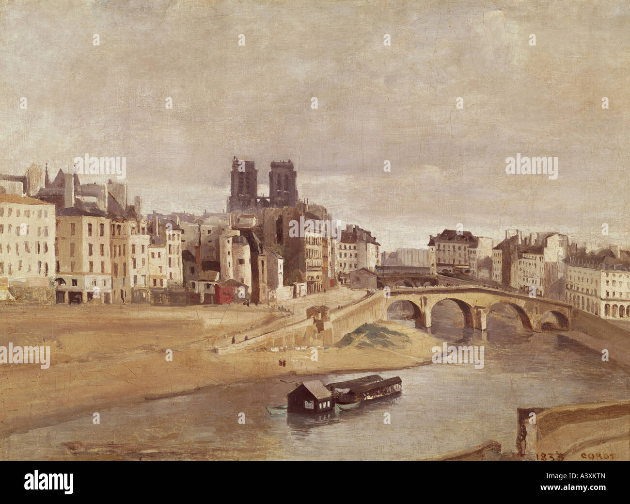 "Belle Arti, Corot, Jean-Baptiste Camille, (1796 - 1875), pittura, 'il Quai Orfevres e Saint Michel ponte in Parigi', Carna Foto Stock