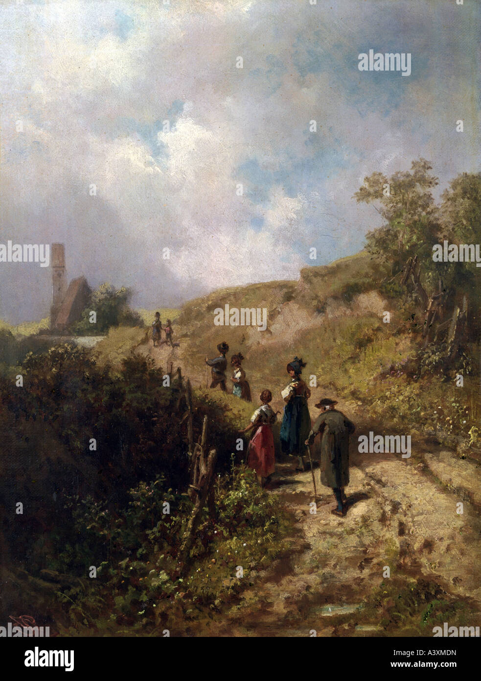 "Belle Arti, Spitzweg, Carl (5.2.1808 - 23.9.1885), pittura, 'Der pista zur Kirche" (della chiesa), circa 1860, tela, Narod Foto Stock
