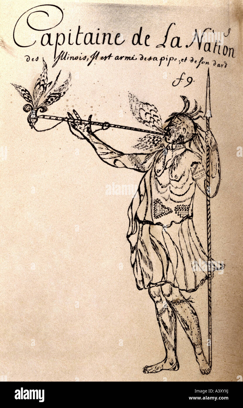 Geografia / viaggio, Stati Uniti, persone, indiani americani, tribù, capo Iroquois, (probabilmente Mohawk), a tutta lunghezza, disegno penna, da Charles Becard de Granville, circa 1701, collezione Valtat, Parigi, , Foto Stock