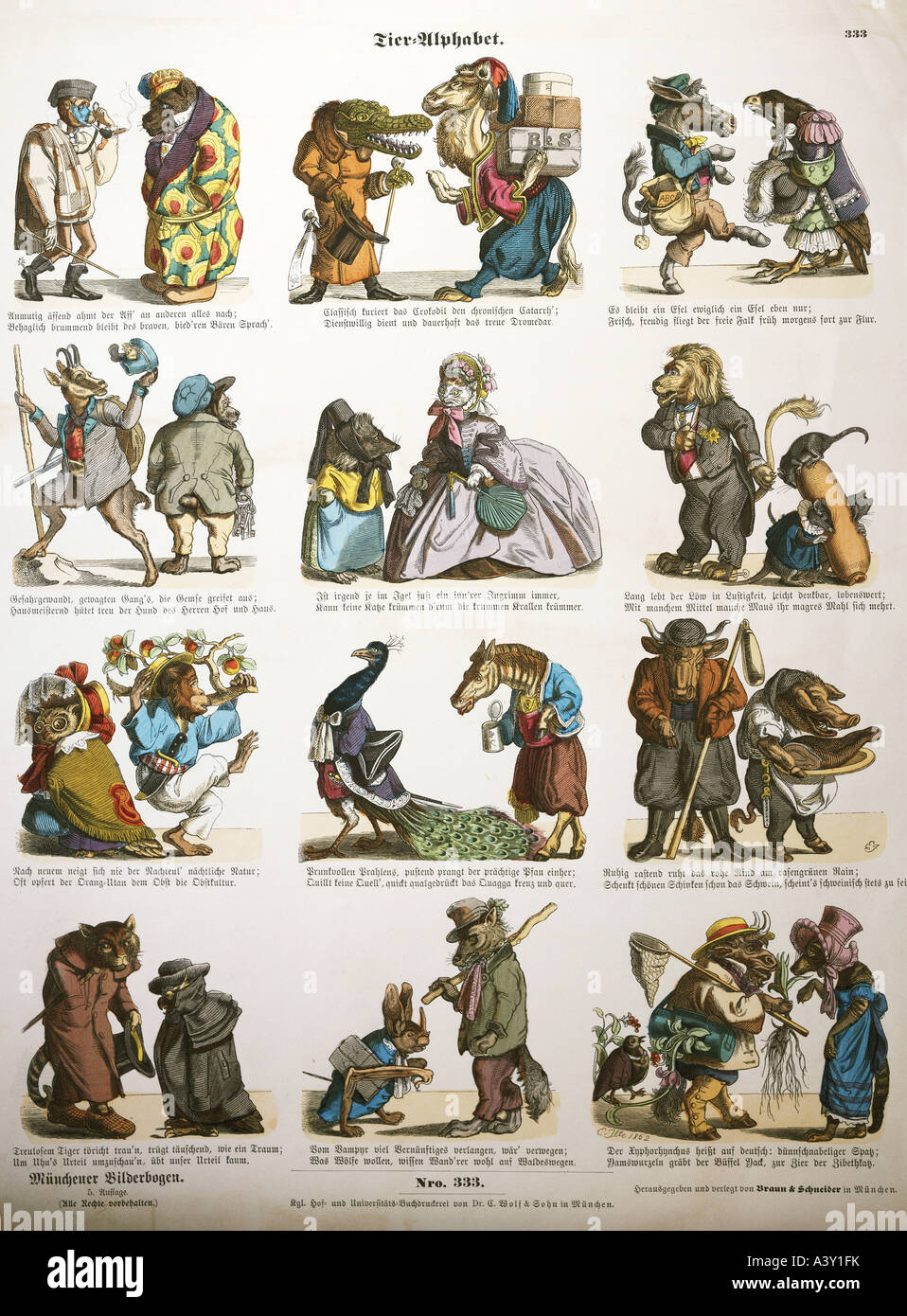 Scrittura, alfabeto, 'alfabeto animale', litografia, colorata, da 'ünchner Bilderbogen', Monaco, Germania, 1862, Foto Stock
