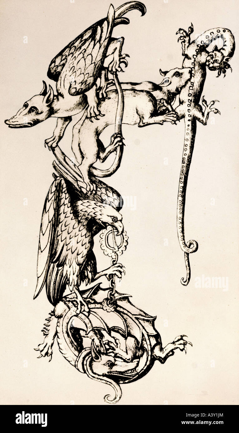 La scrittura, alfabeto alfabeto satirico, Lettera R, incisione dal maestro ES attivo (1440 - 1467), in Germania circa 1464 / 1467, artista del diritto d'autore non deve essere cancellata Foto Stock