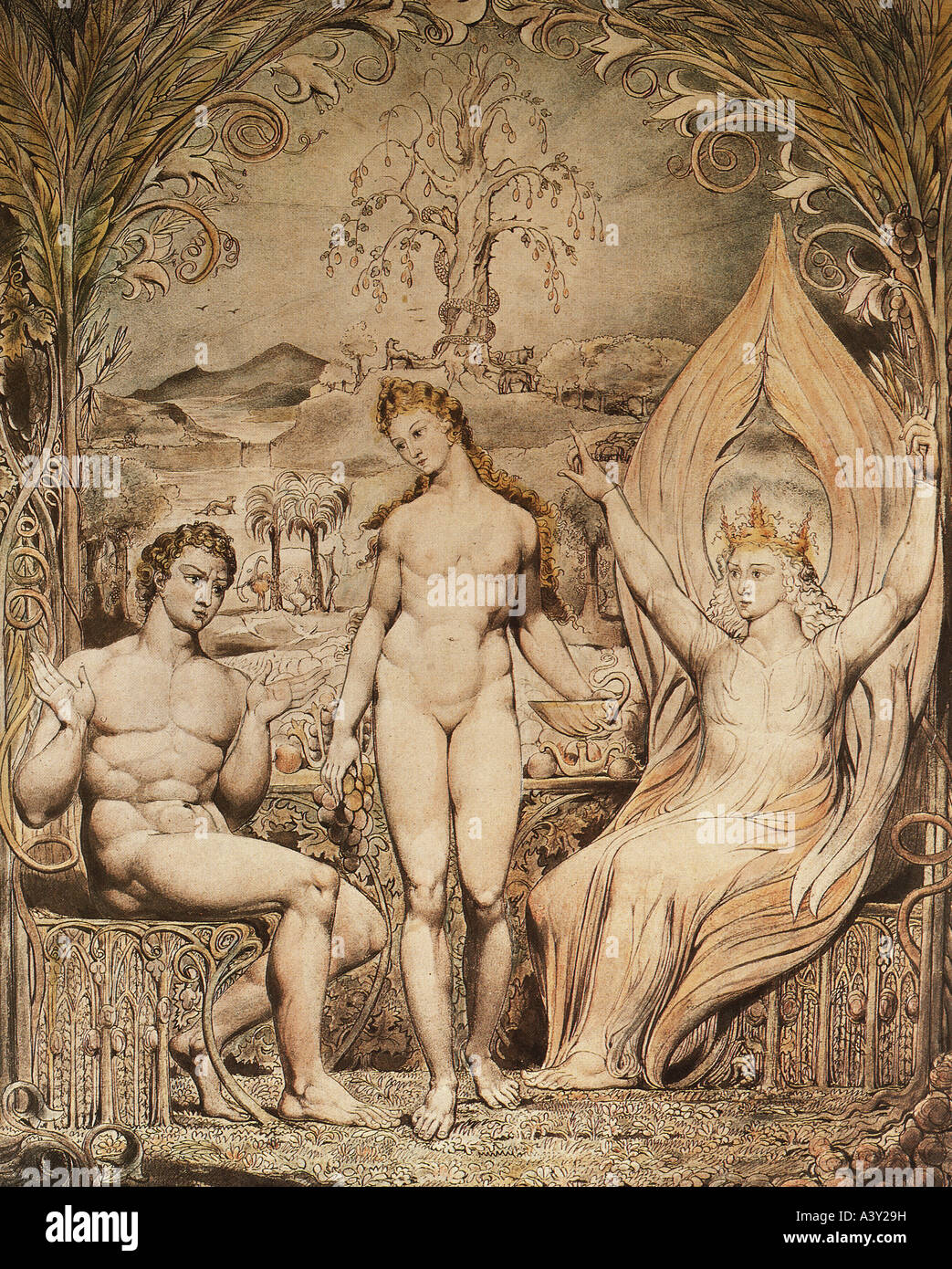 "Belle Arti, l'arte religiosa, Adamo ed Eva, "arcangelo Raphael avvertenza Adam e vigilia di frutti dall'albero della conoscenza, penna Foto Stock
