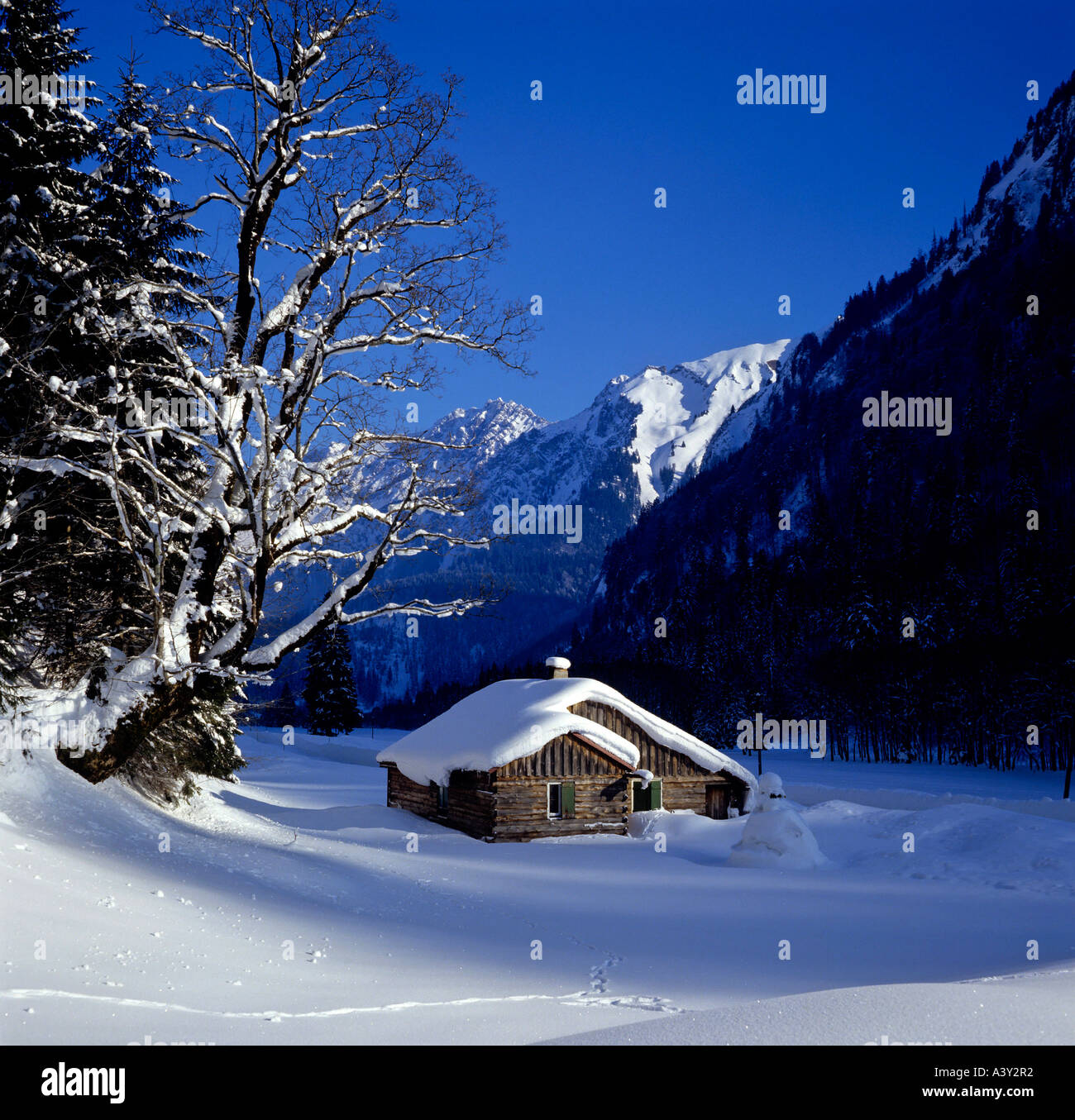 Snowcovered capannoni alpino ostrach regione Valle di allgau alpi tedesche contea di Baviera Germania Foto Stock