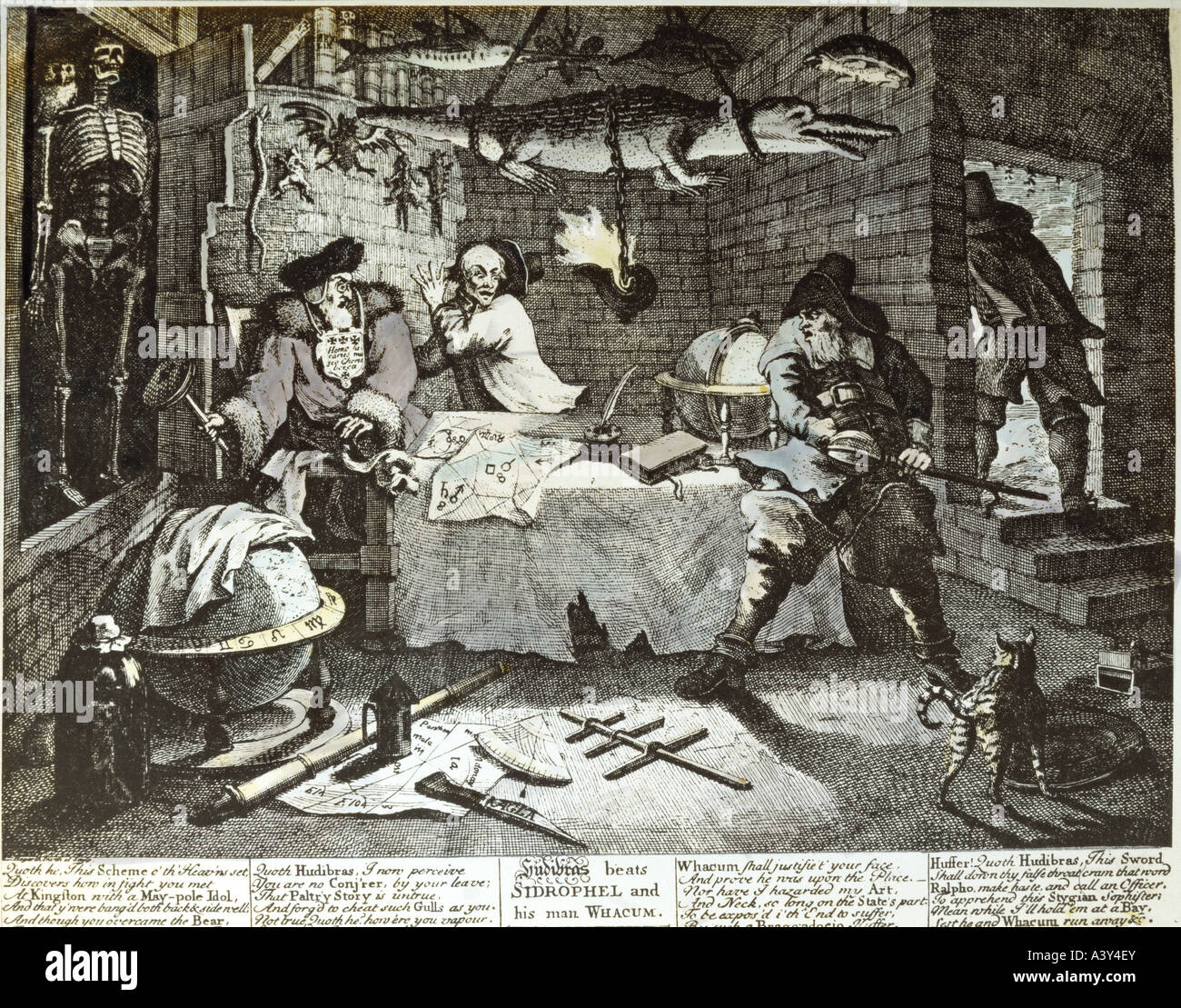 Superstizione, stregoneria, 'magia interrotta', Hudibras attaccando Sidrofel e Whacum, incisione a colori, di William Hogarth, (1697 - 1764), circa 1750, collezione privata, Londra, Foto Stock