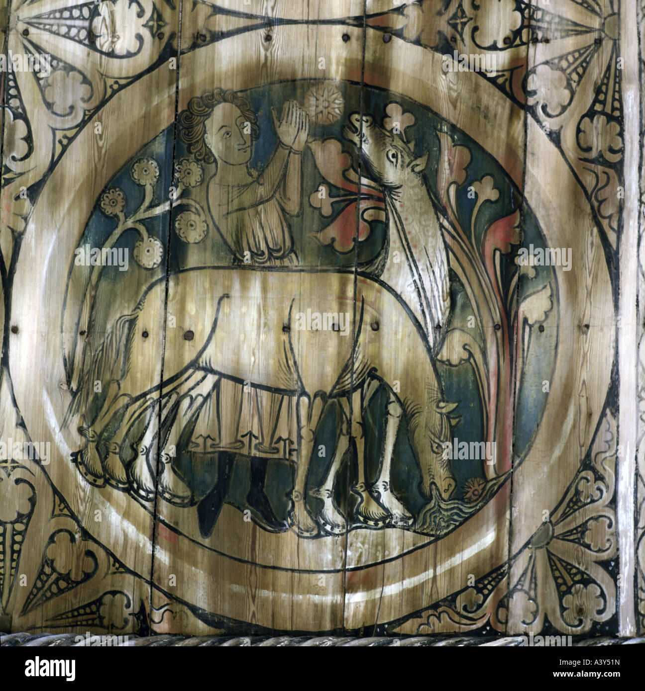 Belle arti, l'arte religiosa, pittura, uomo con due cavalli, soffitto dipinto, legno del XIII secolo, la chiesa del paese, Dädesjö, Europa Foto Stock