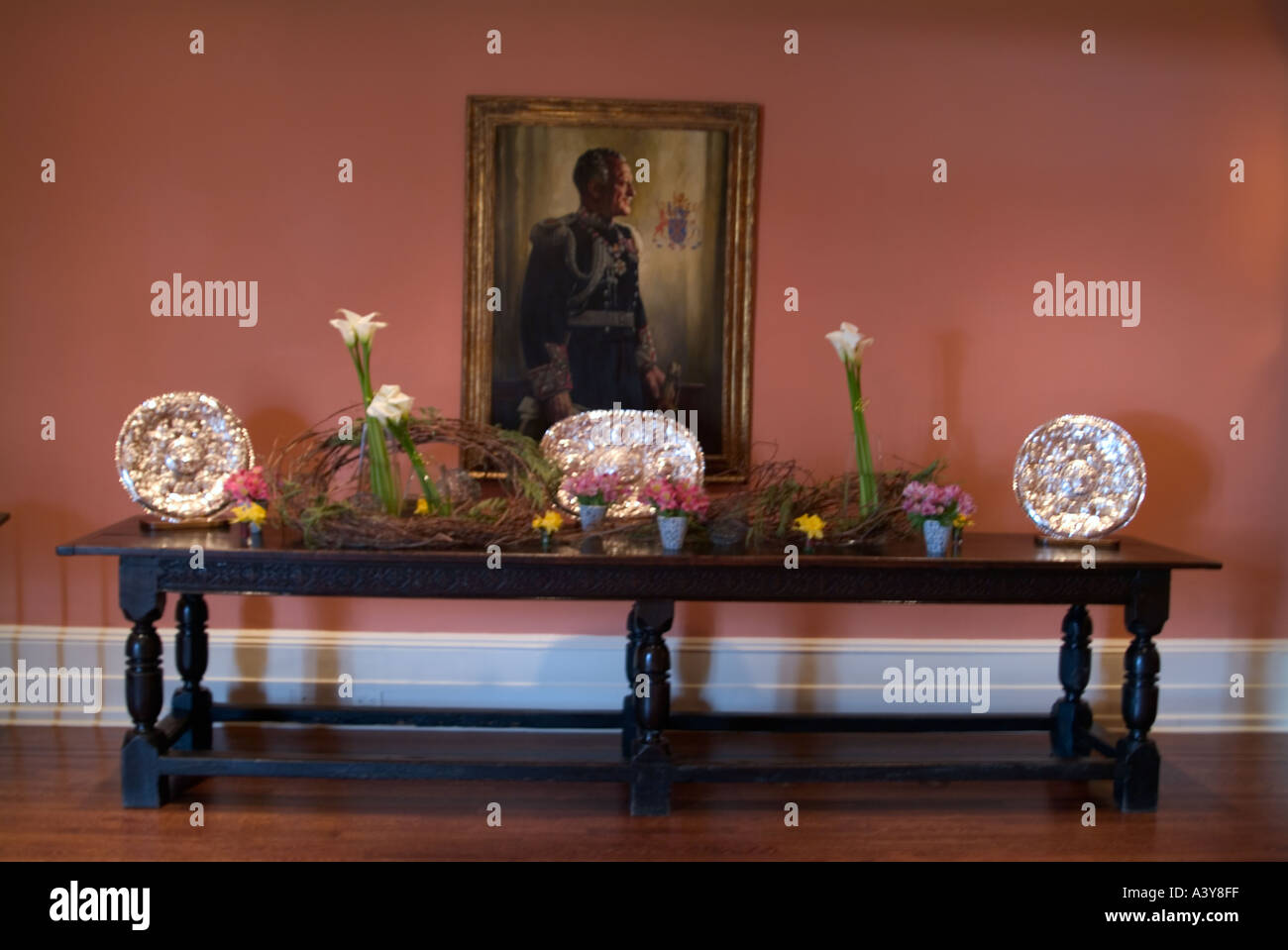 Reportage ritratto dipinto fiori parete tavola piatti arte la residenza del governatore generale del Canada ad Ottawa in Canada America del Nord Foto Stock