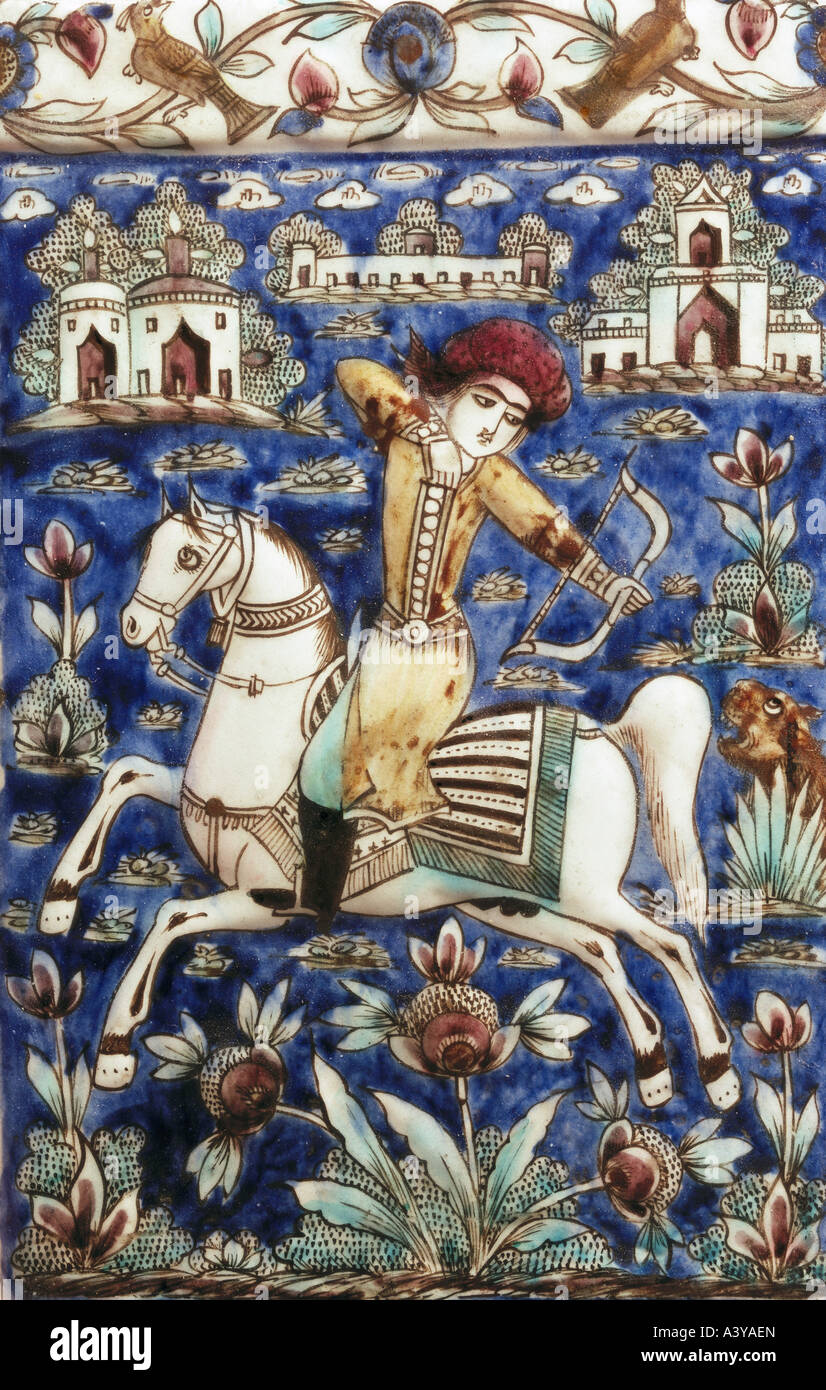 Belle arti, arte Islamica, craft / Artigianato, piastrelle per pavimento, Archer su cavallo riprese su lion, Teheran, Iran, XVIII secolo, faience, p Foto Stock